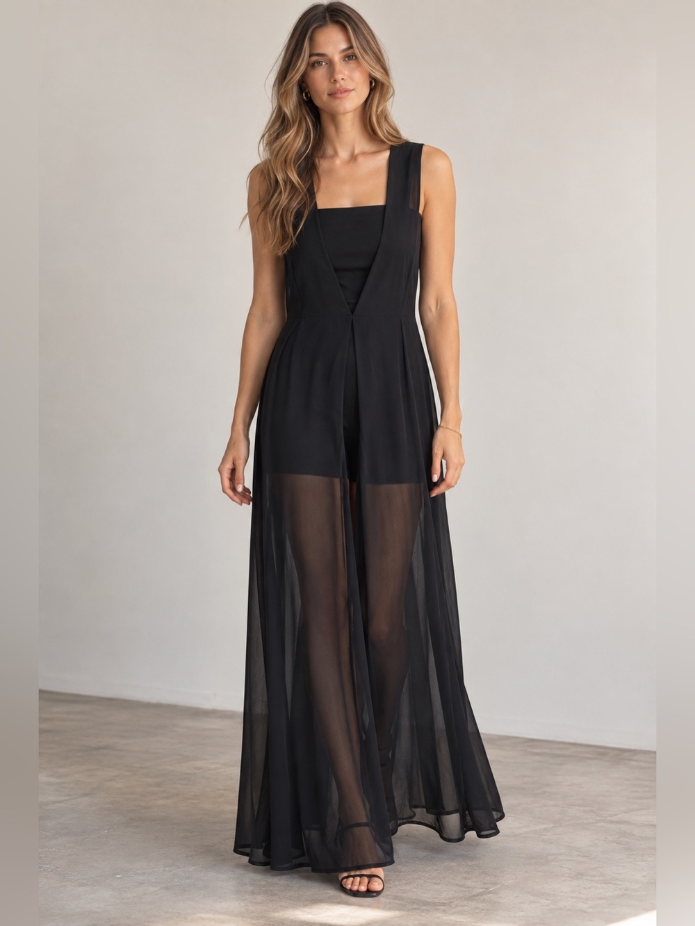 English Factory Black Sheer Overlay Wide Leg Jumpsuit Size Large